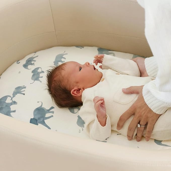 GRSSDER Stretchy Ultra Soft Fitted Bassinet Sheet Set 2 Pack, Universal Fitted for Bassinets Baby Cradle Moses Basket Oval Rectangle Mattress Safe and Snug, Cute Elephant Print