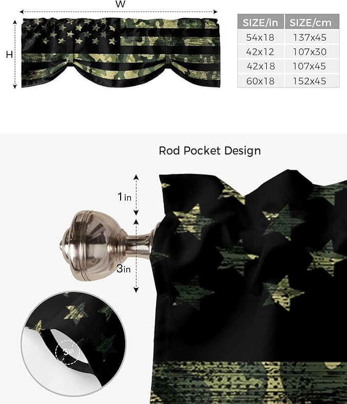 Rustic Green Camo Military Pattern American Flag Blackout Tie Up Valance Curtains for Kitchen Windows Camouflage Window Toppers Balloon Shades for Living Room/Bathroom/Bedroom,1 Panel,42" X 12"