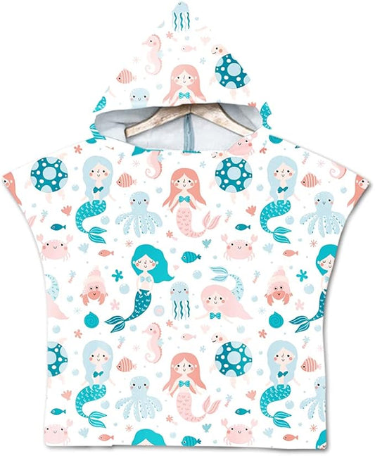 Hooded Poncho Bath Towel | Swim Pool Beach Cover Up |Toddlers & Kids | Microfiber | Absorbent | Unisex (Pink, Mermaid), BHT-01
