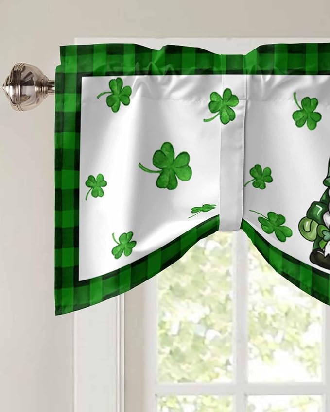 Gnome St. Patrick's Day Blackout Tie Up Valance Curtains for Kitchen Windows Buffalo Plaid Shamrock Window Toppers Balloon Shades for Living Room/Bathroom/Bedroom,1 Panel, 54" X 18", Spring Holiday