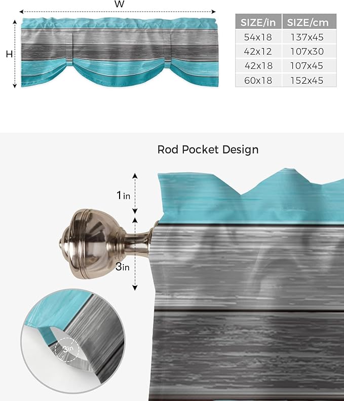 Farmhouse Blackout Tie Up Valance Curtains for Kitchen Windows, Aqua Blue Gray Window Toppers Balloon Shades for Living Room/Bathroom/Bedroom,1 Panel,54" X 18" Retro Rustic Barn Wood Texture