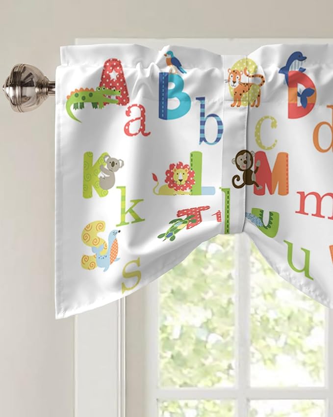 Cute Animals Alphabet for Kids Blackout Tie Up Valance Curtains for Kitchen Windows Colorful Printed Window Toppers Balloon Shades for Living Room/Bathroom/Bedroom,1 Panel,54" X 18"