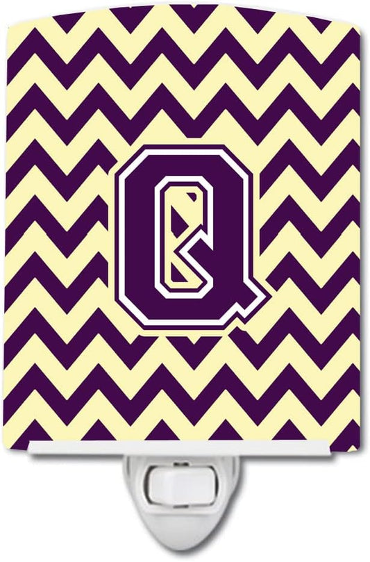Caroline's Treasures CJ1058-QCNL Letter Q Chevron Purple and Gold Ceramic Night Light Compact, UL-Certified, Ideal for Bedroom, Bathroom, Nursery, Hallway, Kitchen, 6x4x3, Multicolor