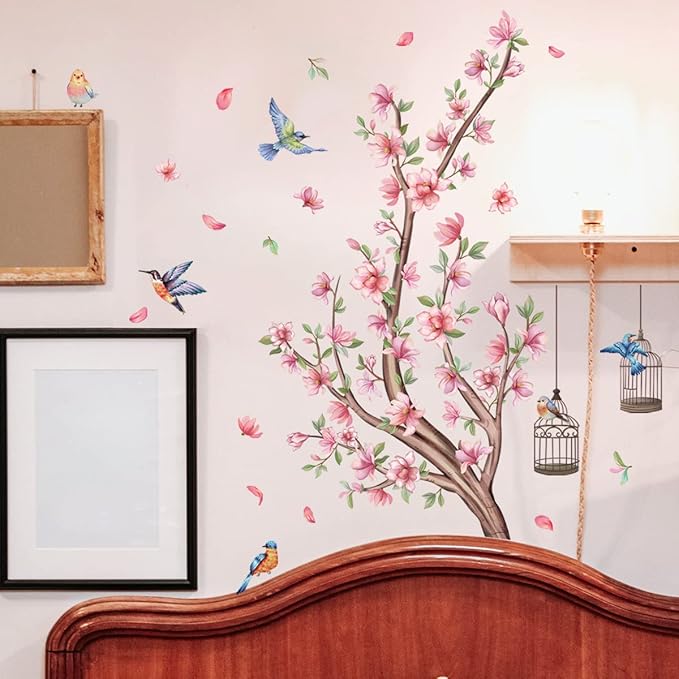 Pink Flowers Wall Stickers Cherry Blossom Tree Branch Wall Decals Colorful Flying Birds Birdcage Wall Sticker for Girls Room Bedroom Living Room TV Background Nursery Decor