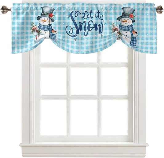 Snowman Christmas Blackout Tie Up Valance Curtains for Kitchen Windows Let It Snow Winter Holiday Window Toppers Balloon Shades for Living Room/Bath/Bedroom,1 Panel, 60" X 18",Blue White Buffalo Plaid