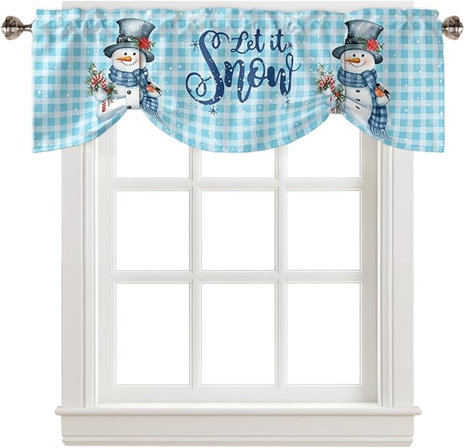 Snowman Christmas Blackout Tie Up Valance Curtains for Kitchen Windows Let It Snow Winter Holiday Window Toppers Balloon Shades for Living Room/Bath/Bedroom,1 Panel, 54" X 18",Blue White Buffalo Plaid