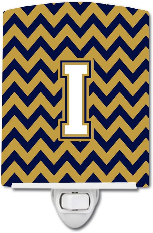 Caroline's Treasures CJ1057-ICNL Letter I Chevron Navy Blue and Gold Ceramic Night Light Compact, UL-Certified, Ideal for Bedroom, Bathroom, Nursery, Hallway, Kitchen, 6x4x3, Multicolor