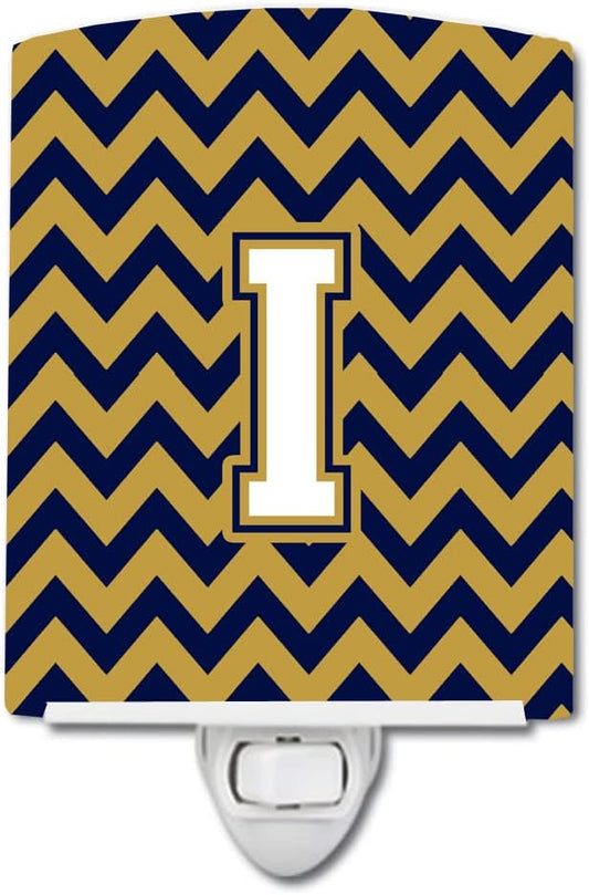 Caroline's Treasures CJ1057-ICNL Letter I Chevron Navy Blue and Gold Ceramic Night Light Compact, UL-Certified, Ideal for Bedroom, Bathroom, Nursery, Hallway, Kitchen, 6x4x3, Multicolor
