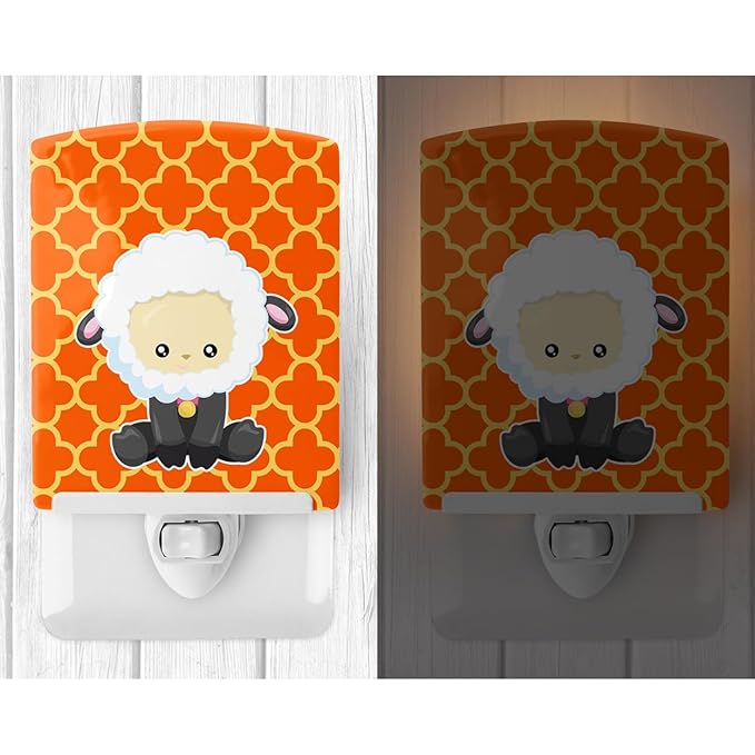 Caroline's Treasures BB6872CNL Sheep on Orange Quatrafoil Ceramic Night Light Compact, UL-Certified, Ideal for Bedroom, Bathroom, Nursery, Hallway, Kitchen, 6x4x3, Multicolor