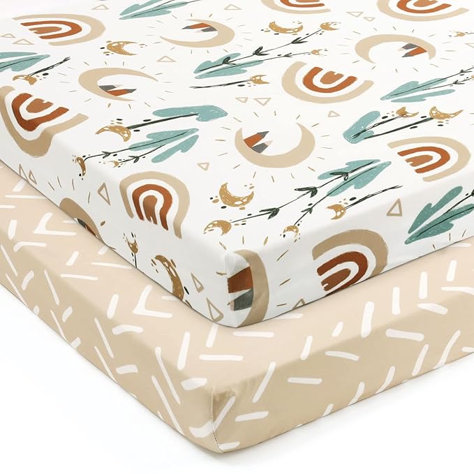 GRSSDER Stretchy Ultra Soft Jersey Knit Fitted Pack n Play Sheets Set 2 Pack, Portable/Mini Cribs Sheets for Girls and Boys, Rainbow Creative Painting Pattern