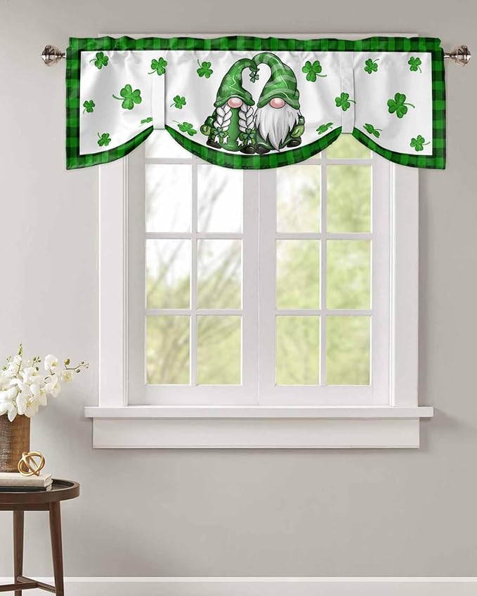 Gnome St. Patrick's Day Blackout Tie Up Valance Curtains for Kitchen Windows Buffalo Plaid Shamrock Window Toppers Balloon Shades for Living Room/Bathroom/Bedroom,1 Panel, 54" X 18", Spring Holiday
