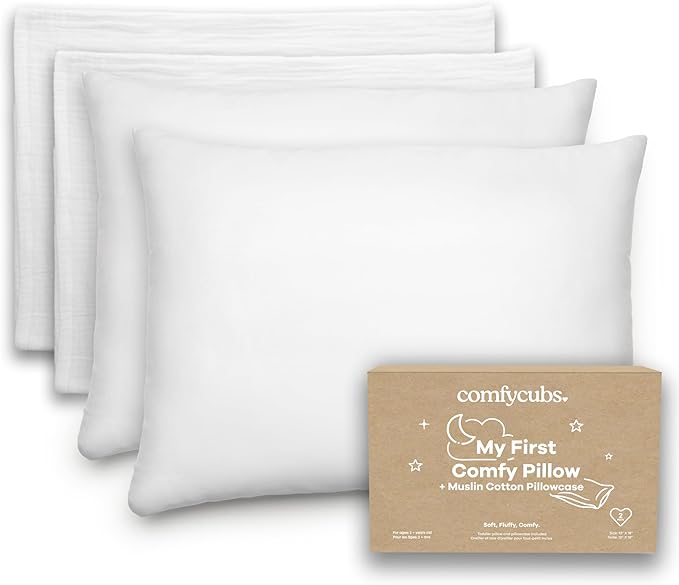 Comfy Cubs Toddler Pillow with Soft Muslin Pillowcase, 13"x18", White (2 Pack) - Kids Pillow for Sleeping & Travel - Comfortable Small Pillow - Kids Travel Pillow with Breathable Microfiber Fill