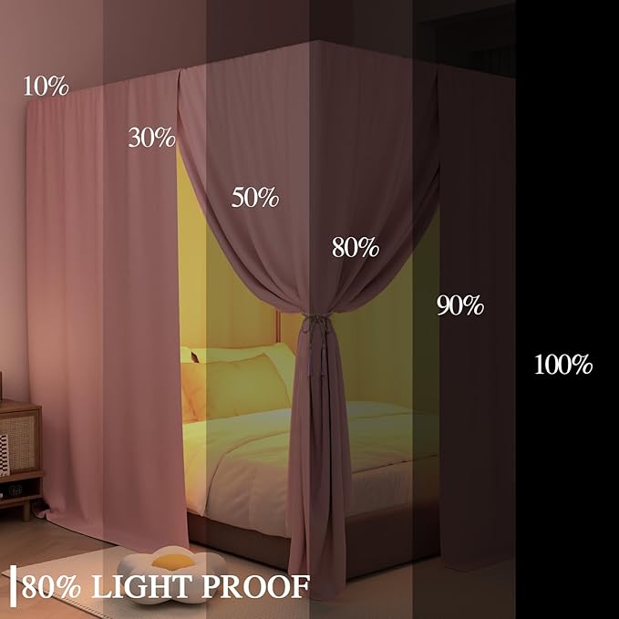 Pink Canopy Bed Curtains - 4 Corner Post Bed Curtains King Lightproof Drapes Bed Canopy Curtains with Tie Backs for Adults & Girls Bedroom Decoration(Pink,King)