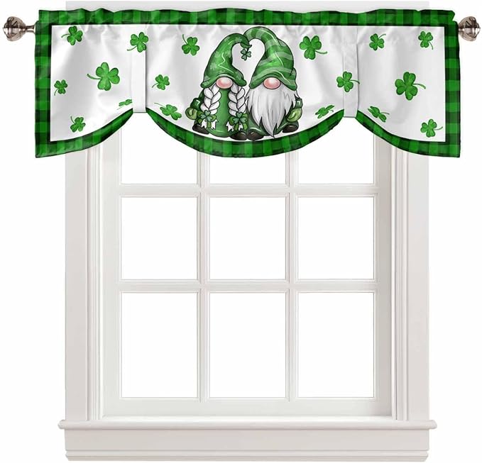 Gnome St. Patrick's Day Blackout Tie Up Valance Curtains for Kitchen Windows Buffalo Plaid Shamrock Window Toppers Balloon Shades for Living Room/Bathroom/Bedroom,1 Panel, 54" X 18", Spring Holiday