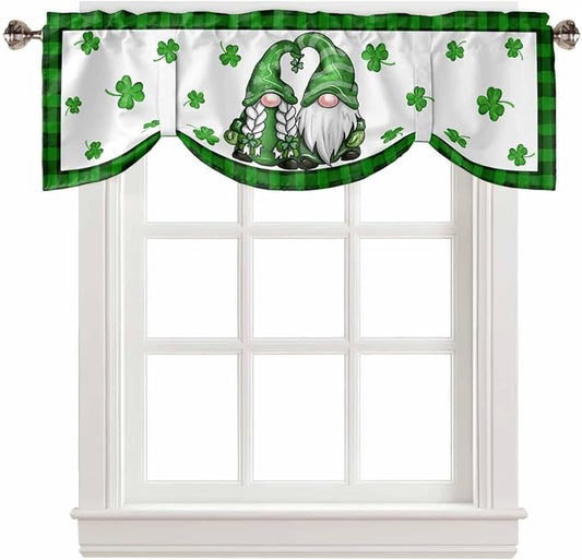 Gnome St. Patrick's Day Blackout Tie Up Valance Curtains for Kitchen Windows Buffalo Plaid Shamrock Window Toppers Balloon Shades for Living Room/Bathroom/Bedroom,1 Panel, 54" X 18", Spring Holiday