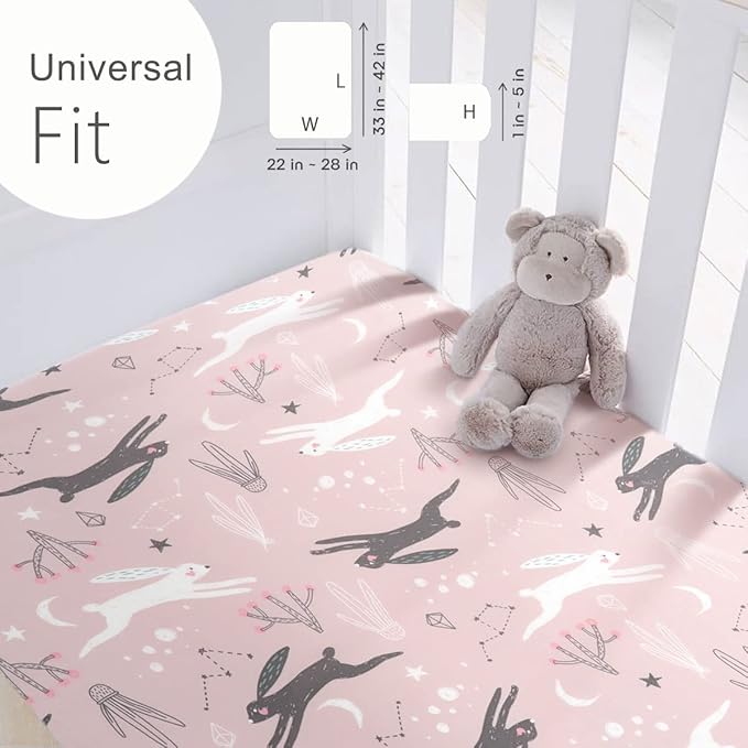 GRSSDER Stretchy Ultra Soft Jersey Knit Pack n Play Sheets Set 2 Pack, Portable/Mini Cribs Playard Sheets, Cute Foxes and Rabbits for Baby Girls and Boys