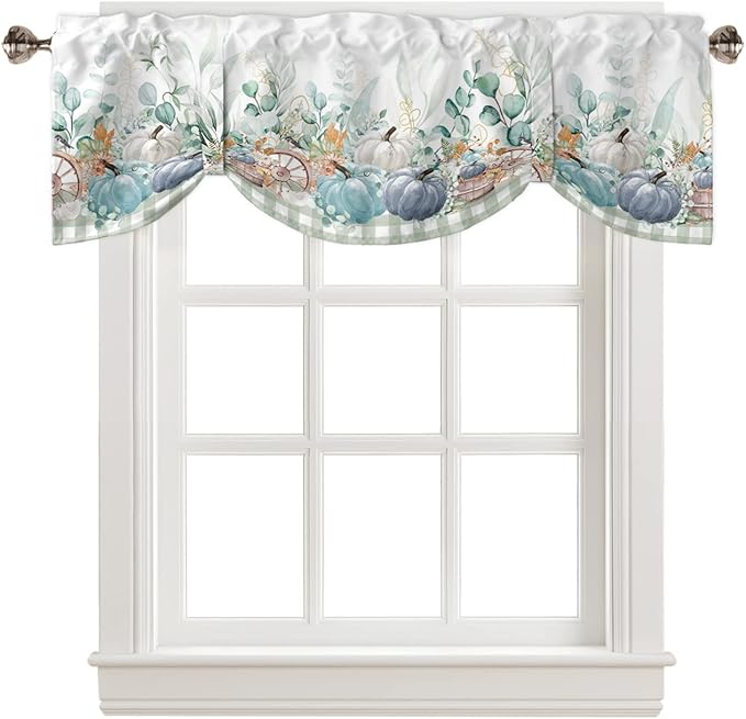 Fall Thanksgiving Blackout Tie Up Valance Curtains for Kitchen Windows Navy Blue Pumpkins Green Eucalyptus Leaves Window Toppers Balloon Shades for Living Room/Bathroom/Bedroom,60" X 18",Sage Plaid