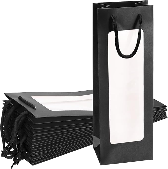 uxcell Wine Bags, 12pcs 4.92"x3.35"x14.2" Wine Gift Bags with Rope Handles, Paper Wine Tote Bag with Clear Window for Wedding Birthday Christmas Party Supplies, Black