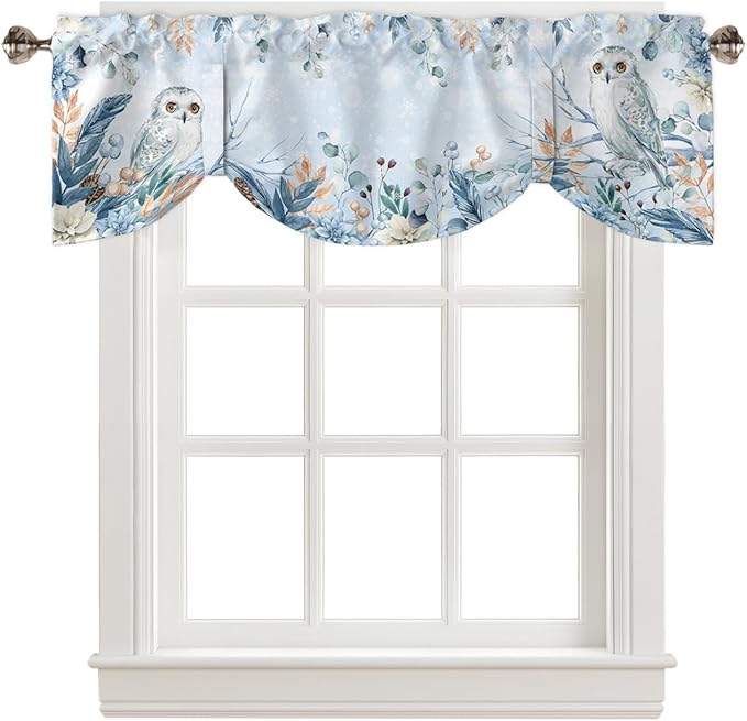 Blue Christmas Blackout Tie Up Valance Curtains for Kitchen Windows Winter Snowy Owl Poinsettia Eucalyptus Leaves Window Toppers Balloon Shades for Living Room/Bathroom/Bedroom,1 Panel, 54" X 18",