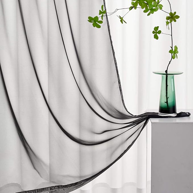Black Sheer Curtains 95 Inches long 2 Panels Rod Pocket Ture Black Curtain for Bedroom Living Room 52x95 Inch Length