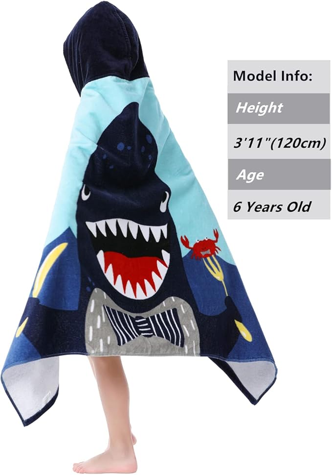 Kids Bath and Beach Soft Cotton Terry Hooded Towel Wrap, 30" x 50", Happy Shark