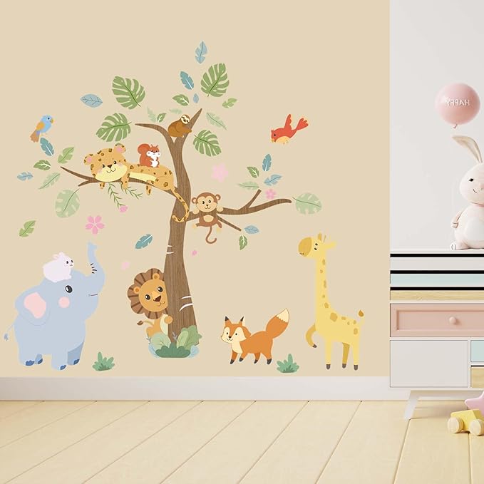 Forest Animals Baby Wall Stickers - Elephant Giraffe Lion Monkey Sloth Tocan Wall Decals - Baby Nursery Kids Room Daycare Playroom Classroom Wall Decor