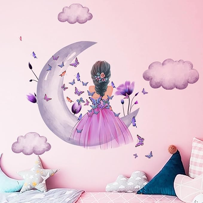 Fairy Girl Wall Sticker Moon Butterfly Fairy Girl Wall Decals Removable Wall Decals Waterproof Wall Mural for Kids Nursery Bedroom