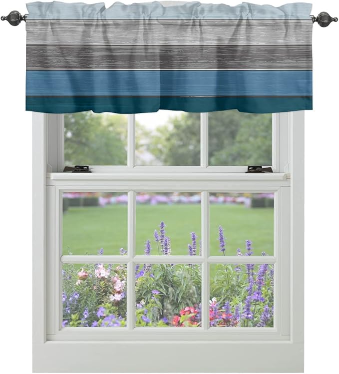 Farmhouse Kitchen Curtains Valances for Windows ,Blue Gray Ocean Hues Rod Pocket Country Window Treatment for Kitchen /Living Room/Bedroom/ Bathroom,54" X 18" -1 Panel, Retro Rustic Barn Wood Texture