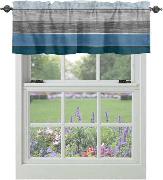 Farmhouse Kitchen Curtains Valances for Windows ,Blue Gray Ocean Hues Rod Pocket Country Window Treatment for Kitchen /Living Room/Bedroom/ Bathroom,54" X 18" -1 Panel, Retro Rustic Barn Wood Texture