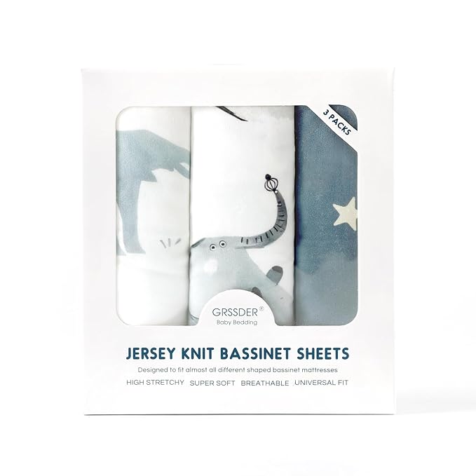 Stretchy Ultra Soft Fitted Bassinet Sheets Set 3 Pack, Universal Fit for Bassinets Baby Cradle Moses Basket Oval Rectangle Mattress Safe and Snug, Stylish Bassinet Sheet of Elephant Print