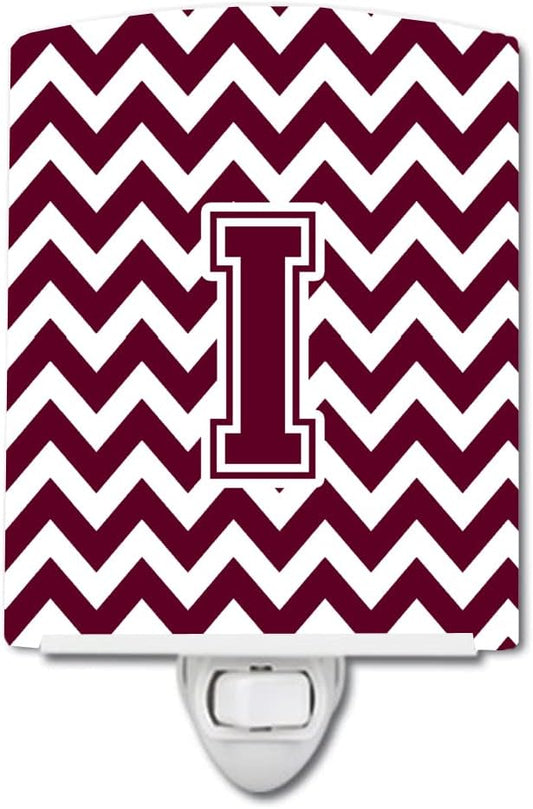 Caroline's Treasures CJ1051-ICNL Letter I Chevron Maroon and White Ceramic Night Light Compact, UL-Certified, Ideal for Bedroom, Bathroom, Nursery, Hallway, Kitchen, 6x4x3, Multicolor