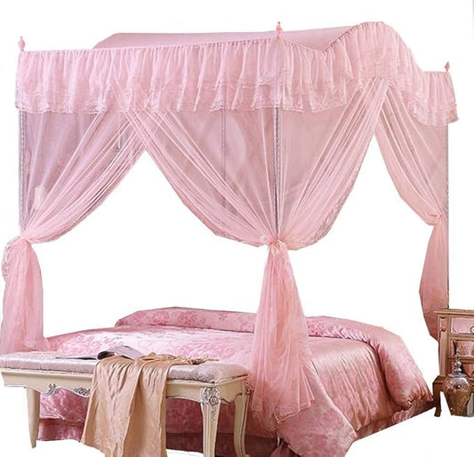 Mengersi Arched 4 Corners Post Bed Curtain Canopy Net Square Princess Fly Screen, Indoor Outdoor (Queen, Peach)