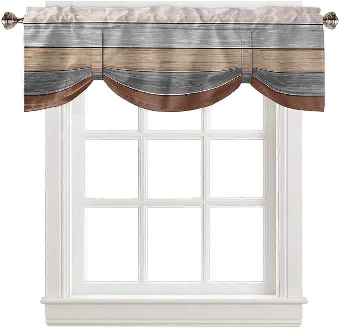 Farmhouse Fall Blackout Tie Up Valance Curtains for Kitchen Windows, Brown Grey Window Toppers Balloon Shades for Living Room/Bathroom/Bedroom,1 Panel,42" X 18" Retro Rustic Barn Wood Texture
