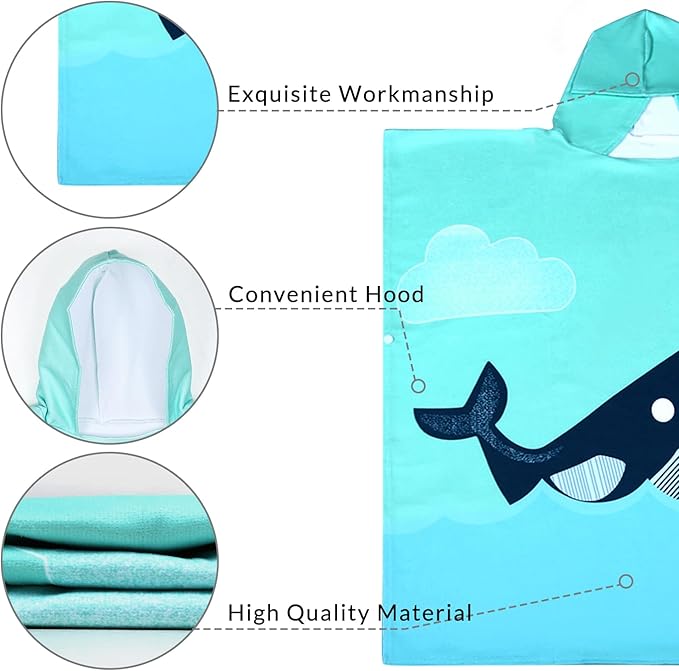 Kids Whale Hooded Beach Towel Boys Girls Cute Poncho Beach Pool Towels with Hood 24*62" Soft Microfiber Swim Cover-ups for Kids Ages 3-10 Thick Absorbent Cotton Hooded Bath Towels Bathrobe