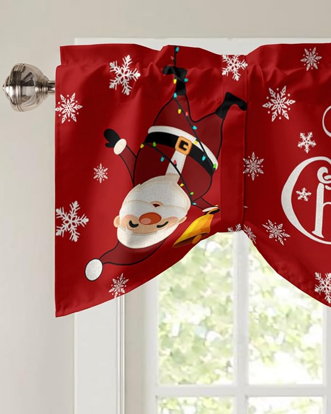 Red Merry Christmas Blackout Tie Up Valance Curtains for Kitchen Windows Funny Hanging Santa Window Toppers Balloon Shades for Living Room/Bathroom/Bedroom,1 Panel, 42" X 18", Snow Winter Holiday