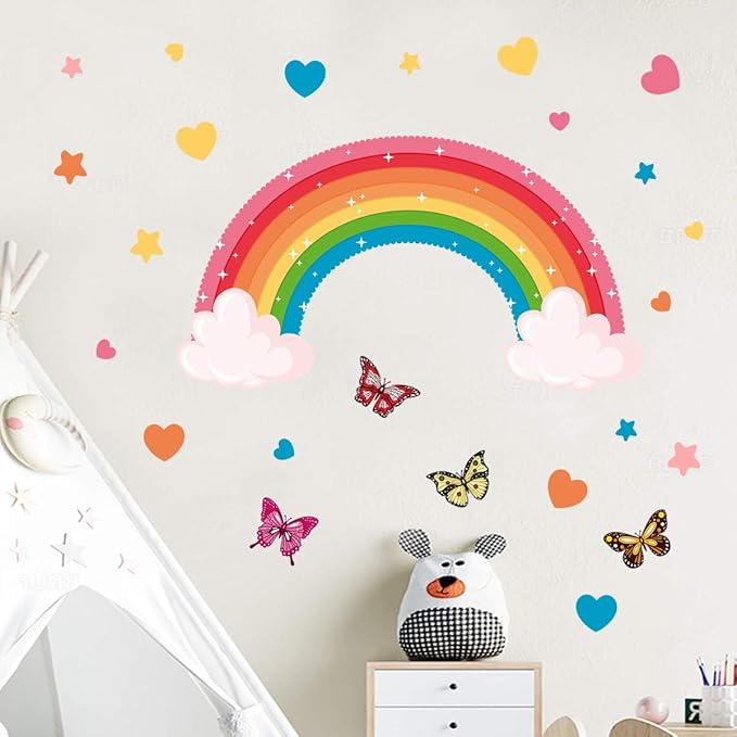 Rainbow Wall Decals Colourful Butterflies Cloud Wall Stickers Large Rainbow Removable Wall Art Murals Peel and Stick Wall Decoration for Bedroom Living Room Kids Bedroom Baby Nursery