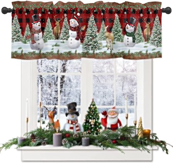 Christmas Snowman Valance Kitchen Curtains for Windows, Christmas Tree Rod Pocket Valances Window Treatments Red Xmas Snowy Winter Short Curtains For Bedroom/ Living Room, 54" X 18" -1 Panel