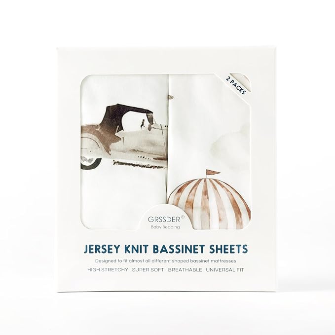 GRSSDER Stretchy Ultra Soft Fitted Bassinet Sheet Set 2 Pack, Universal Fitted for Bassinets Baby Cradle Moses Basket Oval Rectangle Mattress Safe and Snug, Neutral Pattern of Cars Print