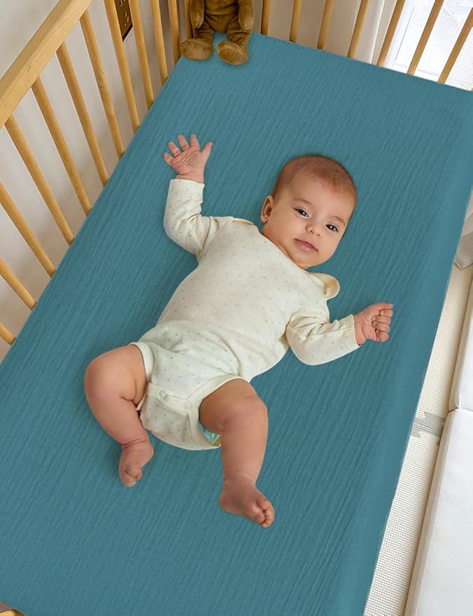 Blue Crib Sheets for Boys, Muslin Baby Crib Sheet for Standard Crib Mattress, Soft and Breathable Neutral Cotton Crib Sheets (46C-06)
