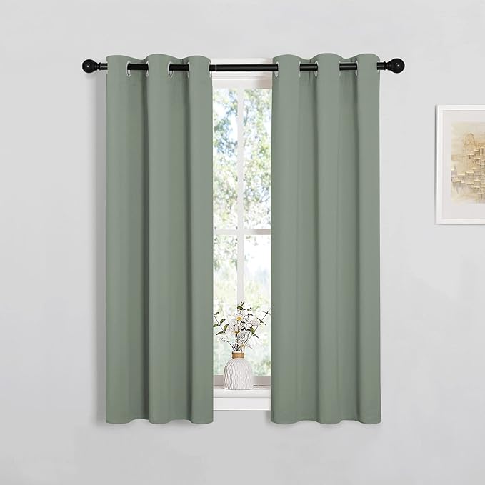 NICETOWN Bedroom Curtain Panels Blackout Draperies, 1 Pair, 29 by 40 inches, Greyish Green, Thermal Insulated Solid Grommet Blackout Curtains/Drapes for Small Window