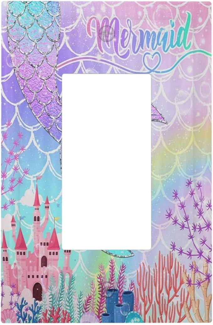 Silvery Glitter Cute Mermaid Tail Fantasy Castle 1 Gang Rocker Light Switch Covers Single Decora Outlet Wall Plate Decorative Switchplate Faceplate GFCI for Kidroom Nursery Bedroom Kitchen Decor