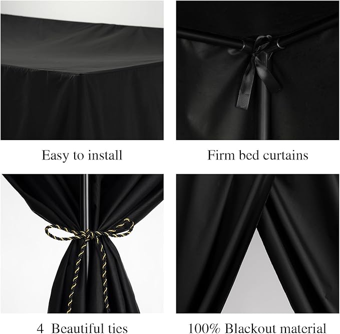 Black Canopy Bed Curtains - 4 Corner Post Bed Curtains Queen Lightproof Drapes Bed Canopy Curtains with Tie Backs for Adults & Girls Bedroom Decoration(Black,Queen)