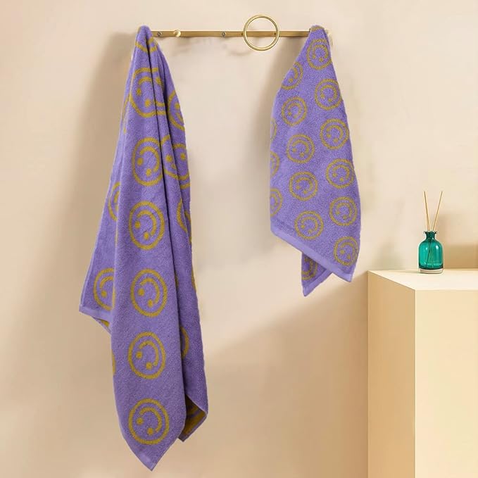 Luxury Purple Yellow Cute Smiling Face Bath Towel Sets for Bathroom, 1 Bath Towels 2 Hand Towels Washcloths, 100% Cotton Ultra Soft Highly Absorbent for Women Kids Girl Boy Face Body