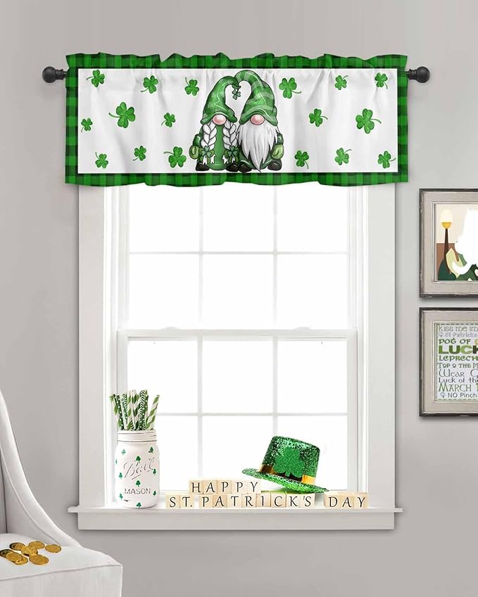 Gnome St. Patrick's Day Kitchen Curtains Valances for Windows Buffalo Plaid Shamrock Rod Pocket Window Treatment for Kitchen /Living Room/Bedroom/ Bathroom, 42" X 12", Seasonal Spring Holiday