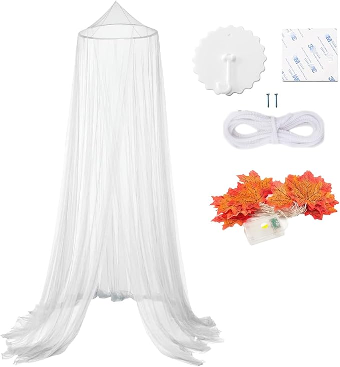 Eimilaly Maple Leaf Bed Canopy Mosquito Net for Room Decor - Halloween | Christmas | Thanksgiving | Fall Canopy for Adults, Babies, White/Single Door