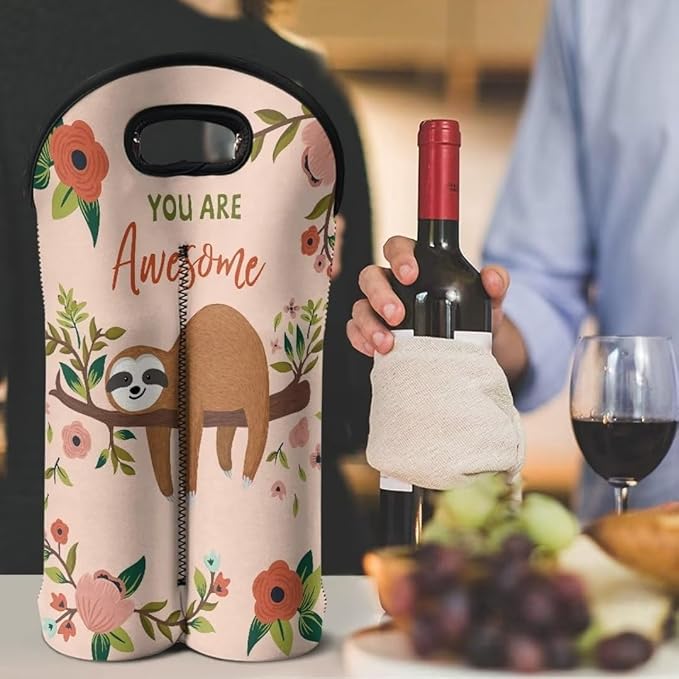 doginthehole Cute Sloth 2 Bottle Wine Carrier Tote Wine Bottle Insulated Sleeve for 750ML Portable Neoprene Wine Tote Holders Travel Picnic Party Champagne Carrier Bag with Handle