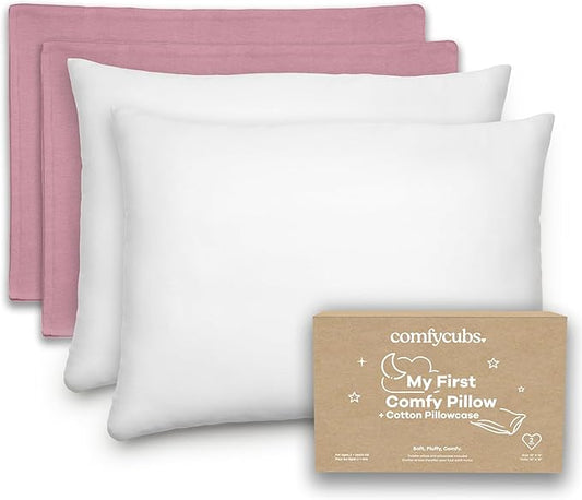Comfy Cubs Toddler Pillow with Soft Cotton Pillowcase, 13"x18", Mauve (2 Pack) - Kids Pillow for Sleeping & Travel - Comfortable Small Pillow - Kids Travel Pillow with Breathable Microfiber Fill