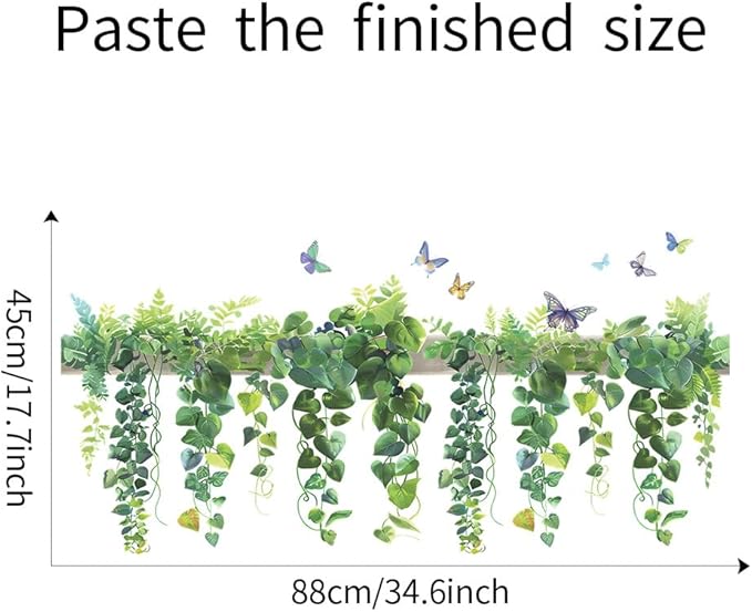 Green Leaf Wall Decals Hanging Vine Wall Stickers Plant Butterfly Wall Decal DIY Removable Wall Art Decals Peel and Stick Art Murals for Kitchen Bedroom Classroom Kids Nursery Decor