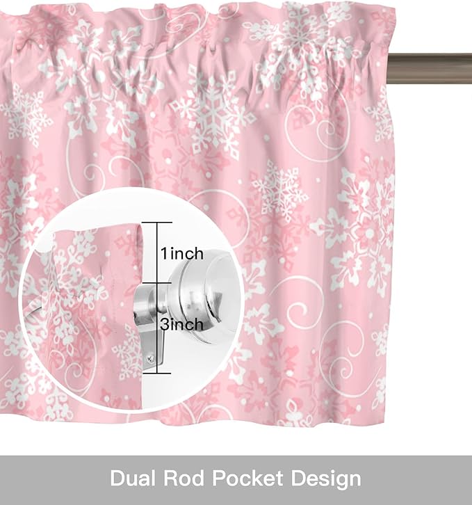 Christmas Valance Curtains for Kitchen Windows Pink White Snowflakes Pattern Rod Pocket Window Treatment Toppers for Kitchen/Living Room/Bedroom/Bathroom, 42" X 12", Winter