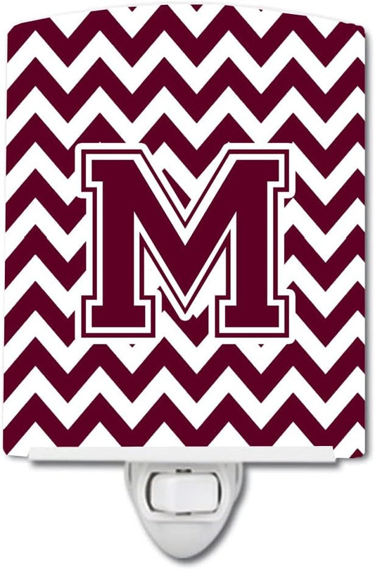 Caroline's Treasures CJ1051-MCNL Letter M Chevron Maroon and White Ceramic Night Light Compact, UL-Certified, Ideal for Bedroom, Bathroom, Nursery, Hallway, Kitchen, 6x4x3, Multicolor